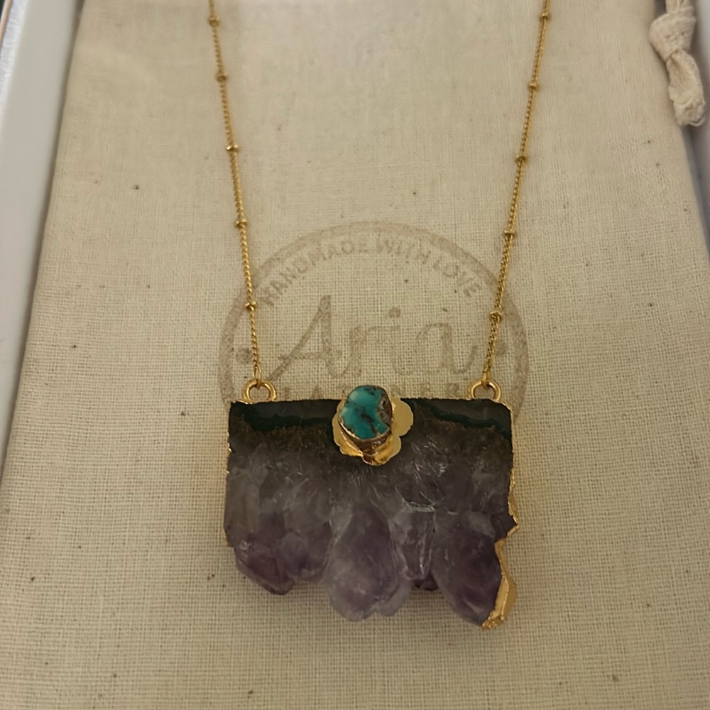 Amethyst slice necklace with turquoise accent
